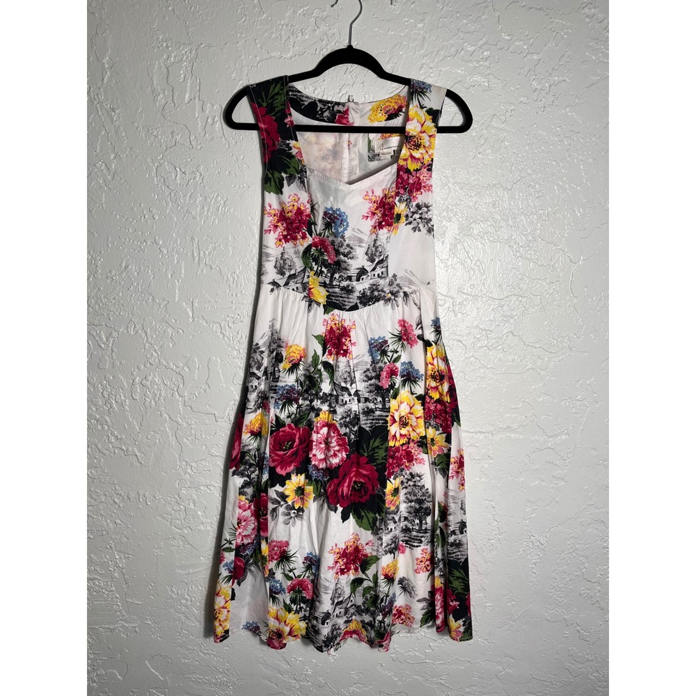 Anthropologie Floral Fit & Flare Cotton Dress Size 4 Garden Toile Sleeveless